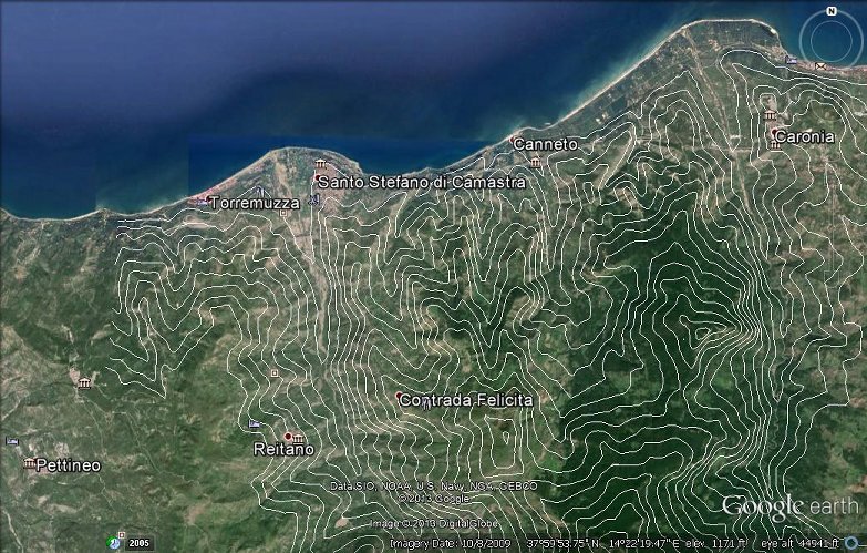 Google Earth image Canneto area with elevation contour lines
