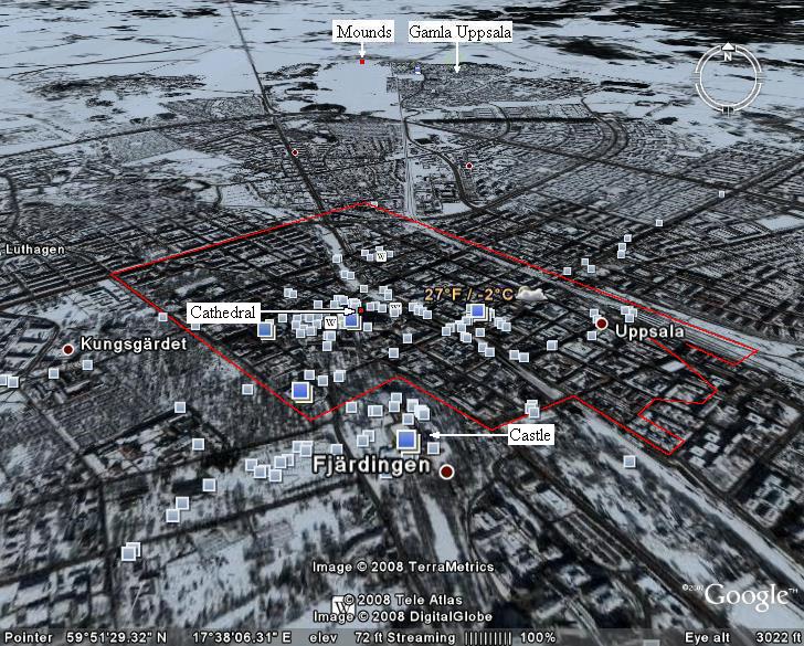 Uppsala Cathedral, Castle,
and Burial Mounds - (c) Google Earth